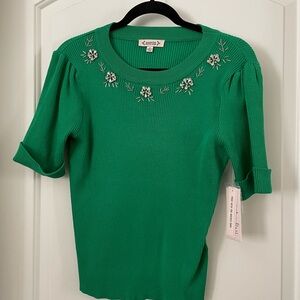 Green Embellished Short Sleeve Sweater